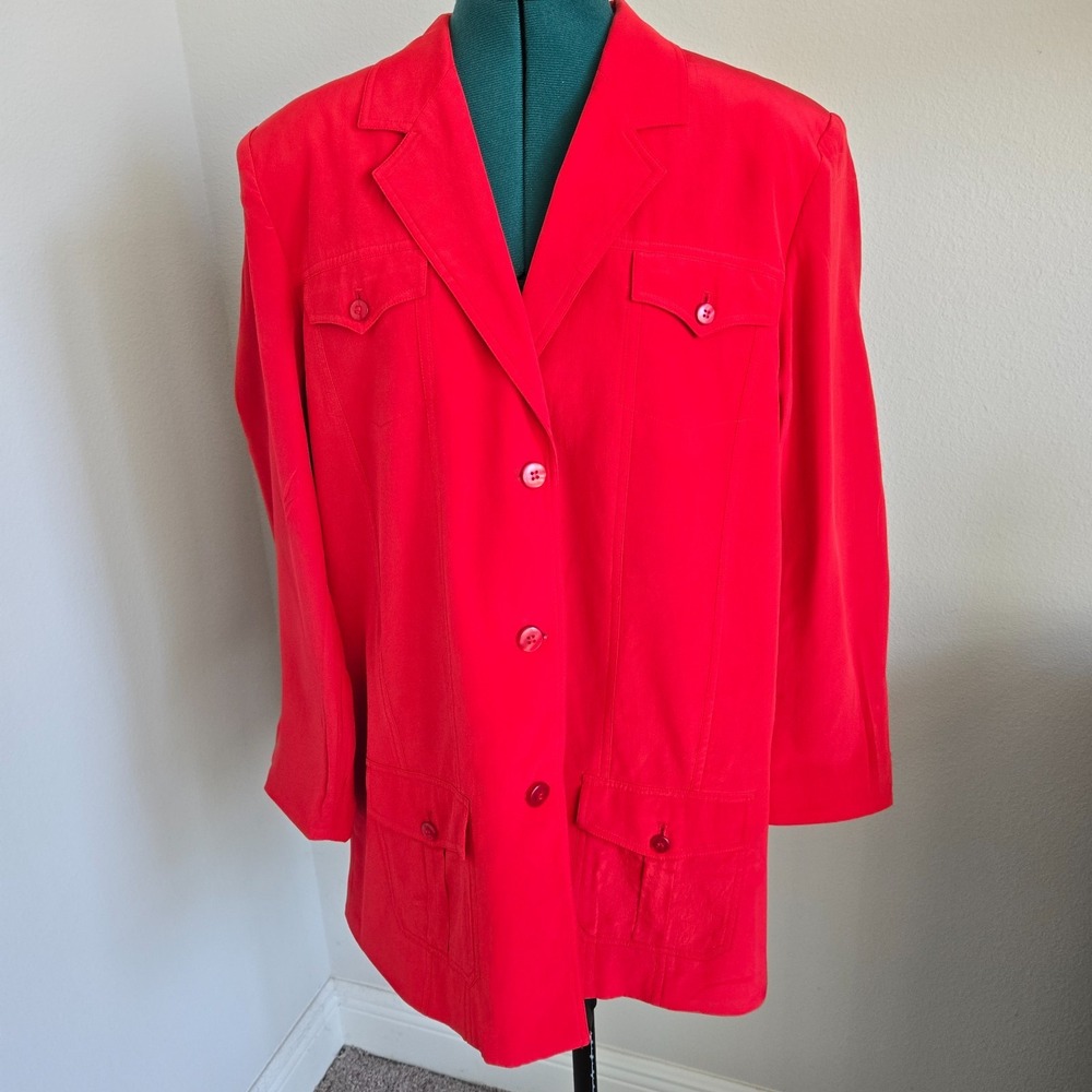 Diane Gilman Womens 100% Silk Blazer Red Size Large 4 Pockets Lined